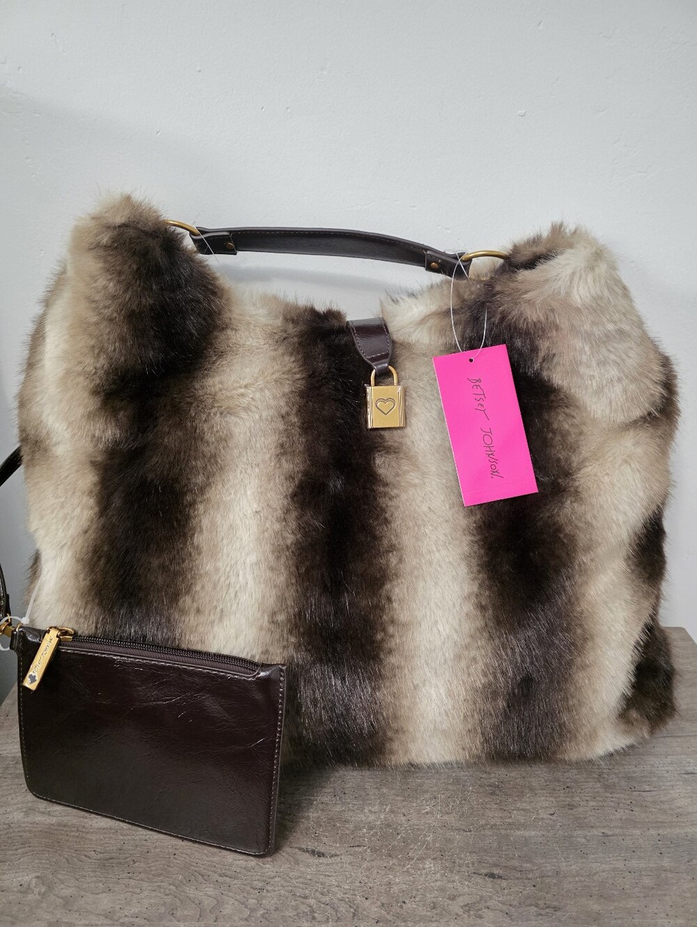 Betsey Johnson Faux Fur Striped Tote Bag with Matching Pouch New